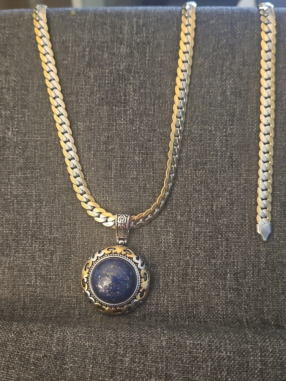 Silver  And Gold Tone Lapis Lazuli Pendant Necklace - Blue Stone